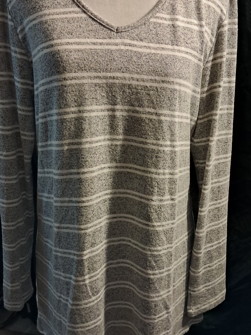 NWT. Coldwater Creek Heather Gray & White Striped V-Neck Knit Top